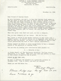 Letter from Gladys Hazel to Friends of Septima Clark, November 22, 1988