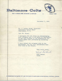 Letter from Weeb Ewbank to J. Arthur Brown, September 7, 1960