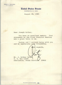 Letter from Ernest F. Hollings to J. Arthur Brown, August 28, 1985