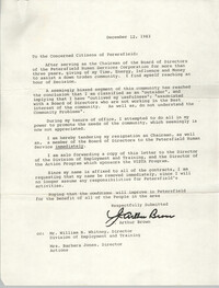 Letter from J. Arthur Brown to Citizens of Petersfield, December 12, 1983