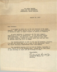 Letter from Richard N. Smith, Jr. to Mu Alpha Chapter of Omega Psi Phi Fraternity Brothers, August 23, 1973