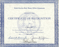 South Carolina State Human Affairs Commision Certificate of Recognition to J. Arthur Brown