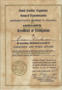 Esau Jenkins, Certificate of Recognition