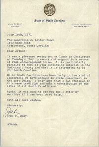 Letter from John C. West to J. Arthur Brown, July 19, 1971