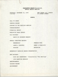 Agenda, Charleston Branch of the NAACP Annual Branch Meeting, December 13, 1990