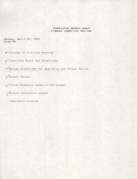 Charleston Branch of the NAACP Finance Committee Agenda, April 29, 1991