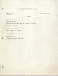 Agenda, Charleston Branch of the NAACP, Executive Board Meeting, January 4, 1989