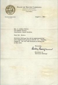 Letter from the Office of Ernest P. Hollings to J. Arthur Brown, August 1, 1961