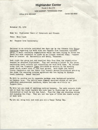 Memorandum from Mike Clark to Highlander Board of Directors and Friends, November 25, 1980