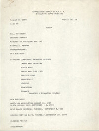 Agenda, Charleston Branch of the NAACP, Executive Board Meeting, August 8, 1989