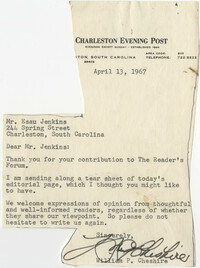 Letter from William P. Cheshire to Esau Jenkins, April 13, 1967