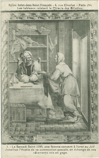 Le Samedi Saint 1290, une femme consent à livrer au Juif Jonathas l'Hostie de sa communion pascale, en échange de ses vêtements mis en gage.