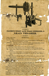 Illustrated advertisement for Goodsell's patent hemp and flax dresser & grain thrasher