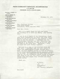 Letter from Rozelia LaFayette to Cleveland Sellers, November 20, 1973
