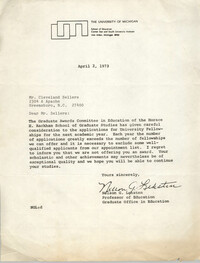 Letter from Nelson G. Lehsten to Cleveland Sellers, April 2, 1973