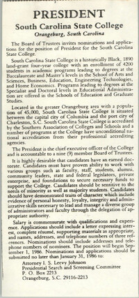 President of South Carolina State College Advertisement