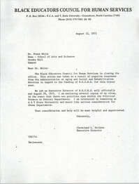 Letter from Cleveland Sellers to Frank White, August 12, 1975