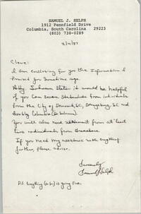 Letter from Samuel Selph to Cleveland Sellers, February 4, 1987
