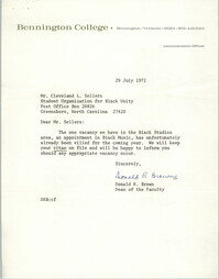 Letter from Donald R. Brown to Cleveland Sellers, July 29, 1971