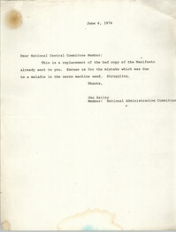 Letter from Jan Bailey, June 6, 1974