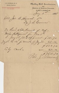 343. Bill/receipt from J.S. Conrad, M.D. (Matley Hill Sanitarium)  -- July 1, 1888