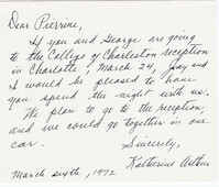 Letter from Katherine Arthur, March 6, 1972