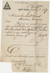 571.  Receipt, F. W. Devoe & Co. to Messrs. Carhart and Curd -- July 8, 1867