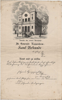 Ansicht der Neuen Synagoge. Isr. Gemeinde Kippenheim. Kauf-Urkunde.